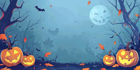 halloween pumpkin vector illustration with spooky silhouette of tree and bat,Generated By Ai