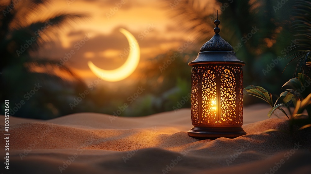 Poster artistic ramadan themed minimalistic background with a rustic arabic lantern and a prominent crescen
