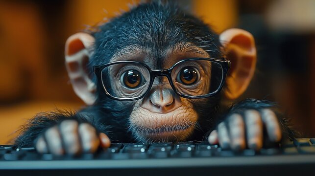 A curious young monkey wearing glasses explores a computer keyboard, showcasing its inquisitive nature in a cozy indoor setting