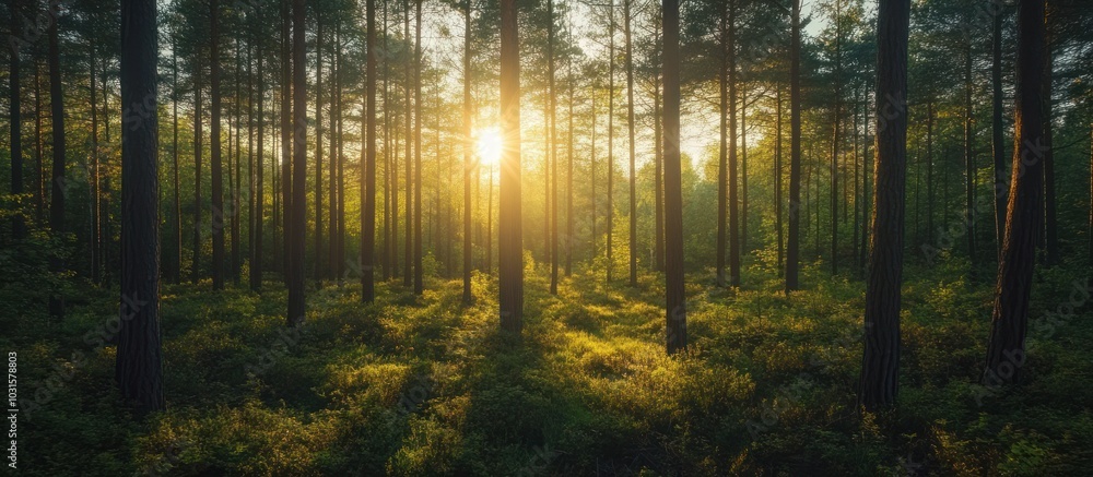 Poster sunlight streams through the tall trees of a dense forest, casting warm glow on the forest floor.