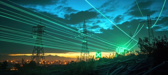 Illuminated power lines with green laser beams creating a futuristic electrical grid against a moody evening sky