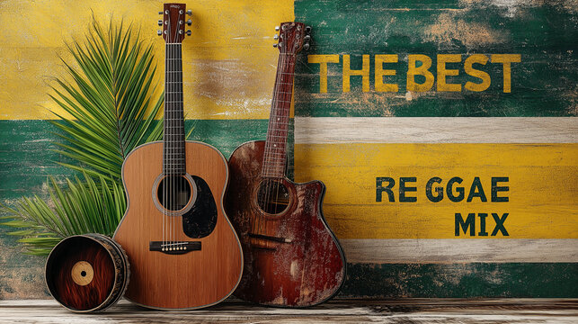 A retro-inspired reggae poster with "THE BEST REGGAE MIX" as the focal point, set against a faded backdrop of tropical leaves and Jamaican flags. The typography is bold and distres