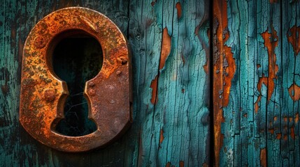 Aged Lock on Weathered Blue Wood Surface