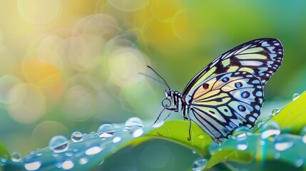 Colorful Butterfly on Dewy Leaf in Nature Scene
