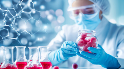 A scientist in a lab coat and protective gear carefully examines a glass jar filled with red spheres, surrounded by beakers and advanced equipment in a modern laboratory setting