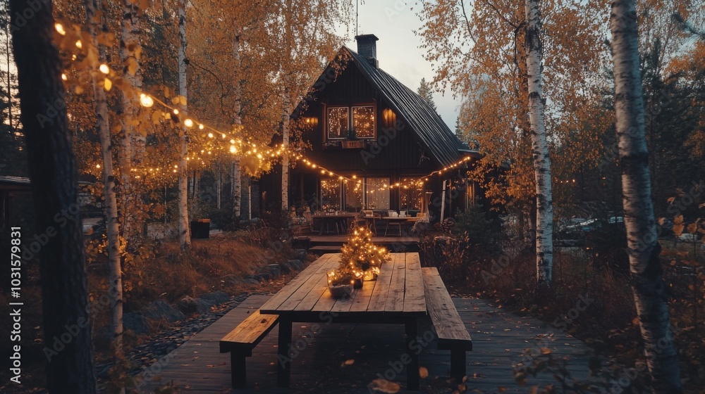 Poster a rustic wooden cabin is nestled in the woods. string lights are strung between trees and across the