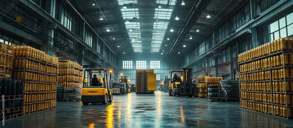Poster two forklifts working in a large warehouse with rows of stacked pallets.