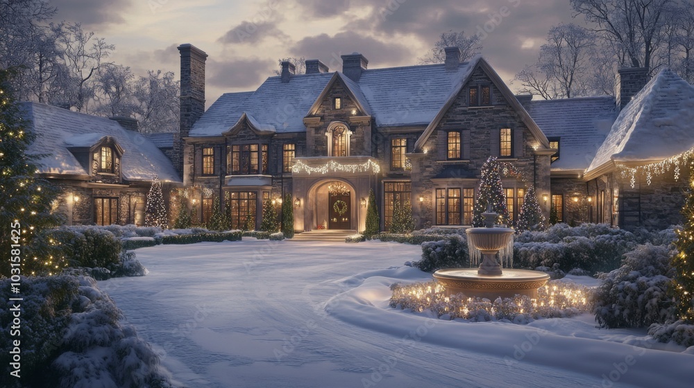 Poster a beautiful winter home is illuminated with twinkling lights, surrounded by snow-covered trees and a