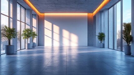Fototapeta premium Modern empty interior with large windows and potted plants.