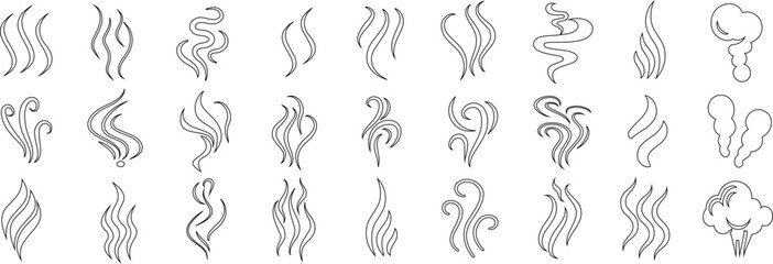 Smoke stem and wavy lines vector set, abstract swirls, and curly shapes create dynamic line movement for design elements, digital art, smoke stems illustrations