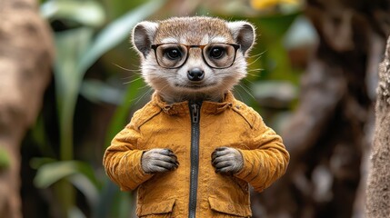 A cute meerkat wearing glasses and a yellow jacket poses in a vibrant outdoor environment showcasing playful animal fashion