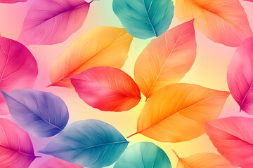 Obraz premium Colorful leaves scattered elegantly on a soft pastel background.
