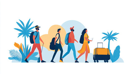 Group of Tourists Walking with Luggage