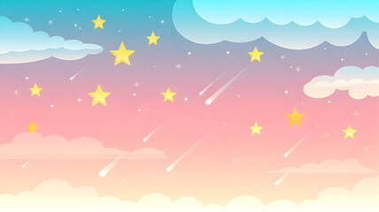 Colorful sky with shooting stars and fluffy clouds on a gradient background.
