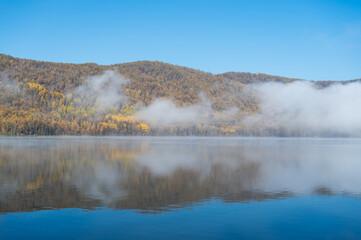 Early morning views of the lake and the mist on the surface of the water