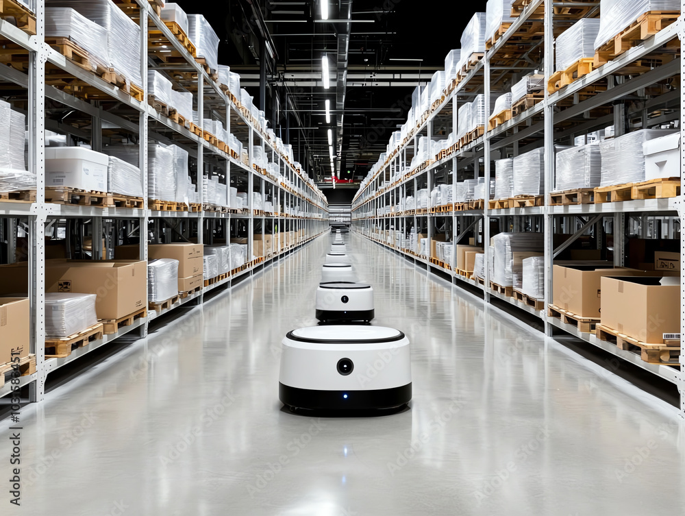 Poster automated robots navigating in a modern warehouse environment.