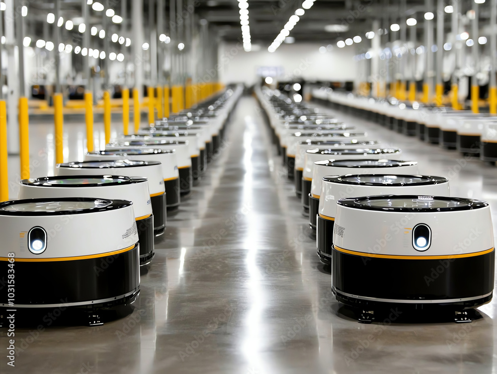 Poster autonomous robots lined up in a modern warehouse for efficient logistics and automation.