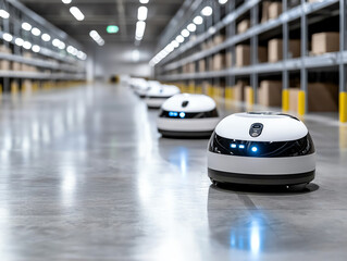 Autonomous robots delivering goods in a modern warehouse, showcasing advanced logistics and automation.