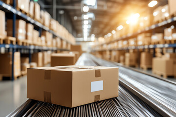 Cardboard box on conveyor belt in a warehouse environment, illuminated by sunlight.