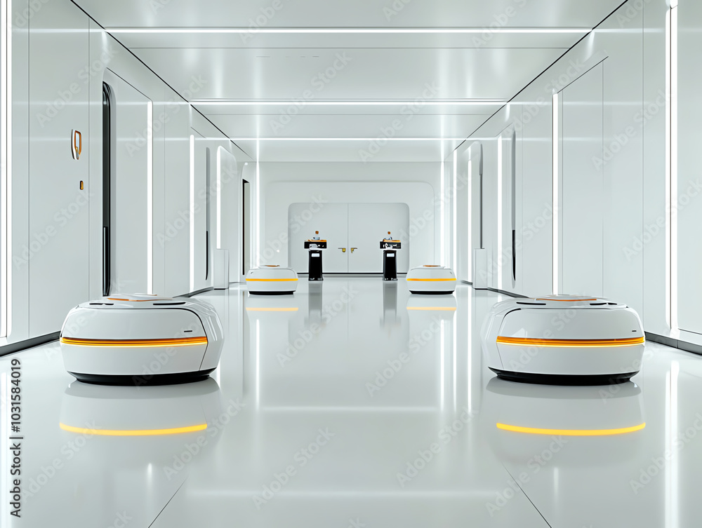 Aufkleber futuristic robots on a sleek, minimalistic corridor in a high-tech setting.