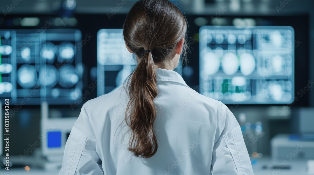 Poster innovative engineer analyzing data at workstation, focused on screens displaying complex information
