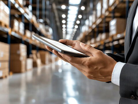 Man using tablet in a warehouse to manage inventory and improve logistics, modern business environment.