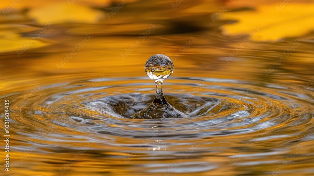 Aufkleber a single water drop falls into a still pool of water, creating ripples and a reflection of the golde