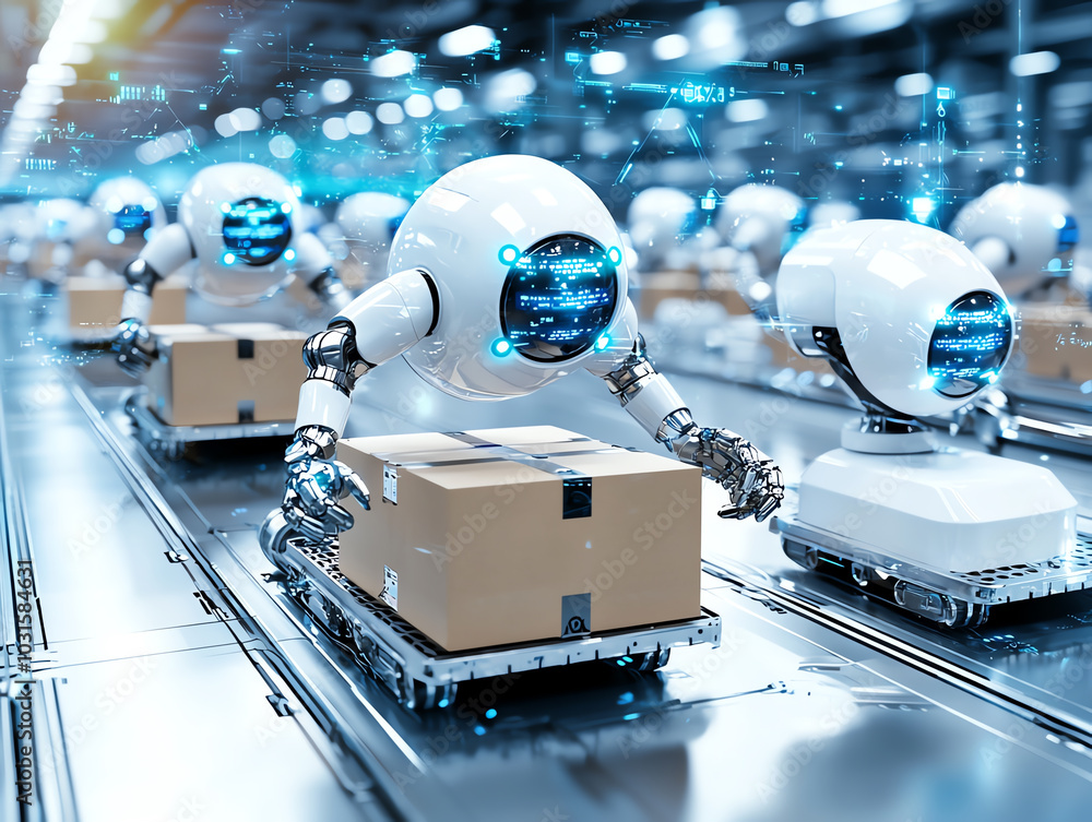 Poster robots working efficiently in a modern warehouse, handling packages on automated conveyor belts.
