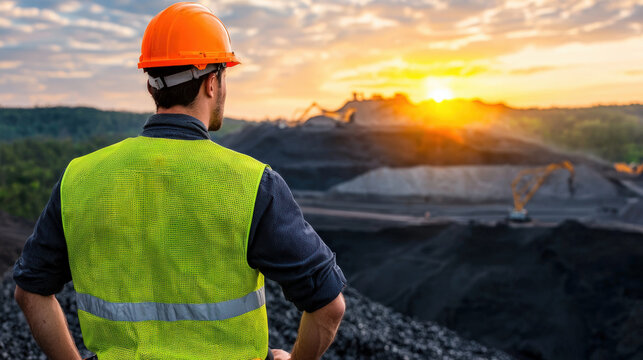 mining engineer observes sunset over open pit mine, showcasing vast landscape and machinery in action. scene captures dedication and hard work in mining industry