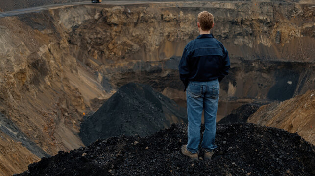 young boy stands at edge of open pit mine, gazing into vast excavation site. scene captures enormity of mine and boys sense of wonder and curiosity