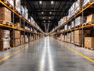 Fototapeta premium Spacious warehouse interior with rows of shelves filled with cardboard boxes, spacious walkway in the center.