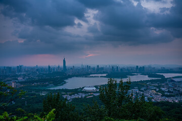 nanjing city skyline in the sunset with afterglow