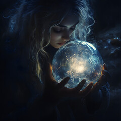 Naklejka premium Mystical woman holding glowing crystal ball in dark night, magical atmosphere, fantasy art, mysterious aura, celestial glow, enchanted sphere, ethereal beauty, spiritual energy