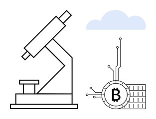 Microscope with a Bitcoin symbol, circuit lines, and cloud. Ideal for technology, education, cryptocurrency, blockchain research, innovation, digital currency awareness. Simple line art style