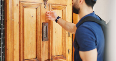 Delivery, hand and man knock on door for shipping, distribution service or back. Courier, order or...
