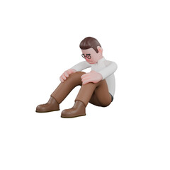 Professional Male in 3D - Sociologist. A male sociologist sits on the floor with both hands on his knees with his head bowed. Cartoon Illustration