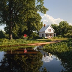 Obraz premium Charming white house surrounded by lush greenery and a tranquil reflection in the water on a sunny day.