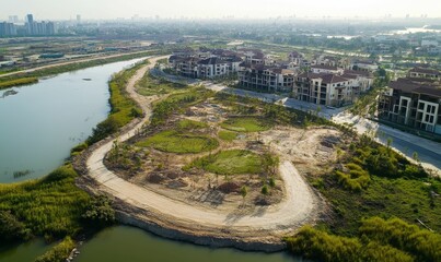 Fototapeta premium Aerial view of new development with a lake.