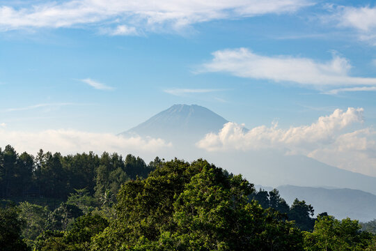 Mount Sumbing (Gugung Sumbing) - an active stratovolcano mountain (composite or conical volcano) as seen from Borobudur Buddhist temple.