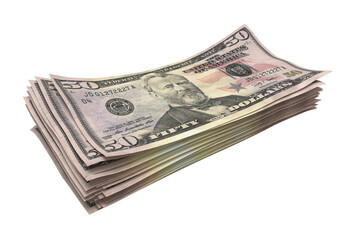 Close up Pile of fifty US dollar transparent background. Usa dollar bill 3d rendering