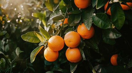 Close-up of ripe oranges hanging from a tree branch with green leaves in a citrus orchard.