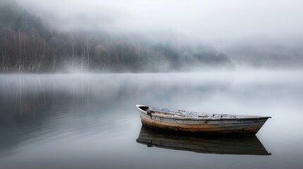 Serene Foggy Lake with Lonely Boat at Dawn