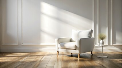 Elegant White Armchair on Wooden Floor in Minimalist Room with White Walls, Captured in Long Exposure for a Serene Atmosphere and Timeless Aesthetic Appeal