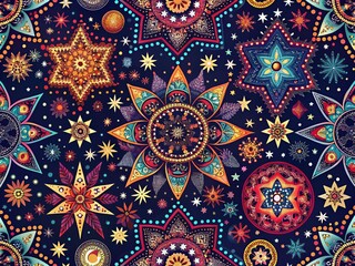Seamless Boho Pattern on Dark Background with Star Shapes - Ethnic Monochrome Wallpaper and Vintage Decorative Print