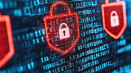 Close-up of digital padlocks symbolizing cybersecurity and data protection against cyber threats in a technology background.
