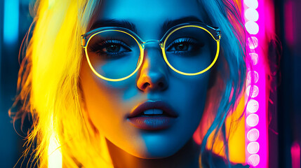 A striking portrait of a futuristic woman with vibrant yellow hair illuminated by neon lights. The woman has piercing eyes and freckles, surrounded by abstract neon patterns and glowing lines.