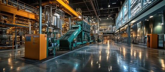 Fototapeta premium Modern factory interior with machinery and a large industrial space.