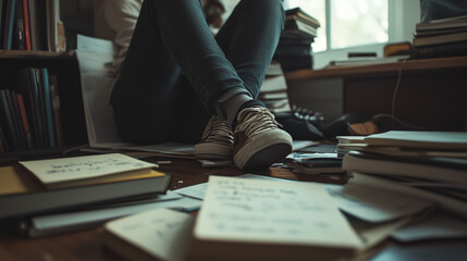 Student surrounded by scattered books and notes while studying on the floor