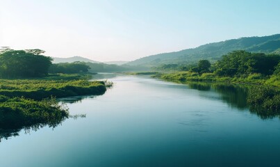 A calm river flows through a lush, green valley.