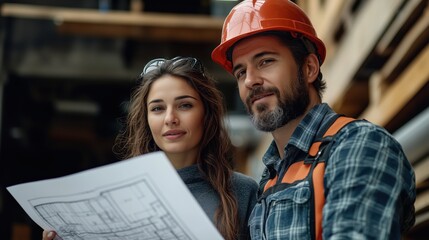 Builders Reviewing Plans on Construction Site. A construction team analyzes blueprints on-site, showcasing teamwork and planning in the architecture and building industry.